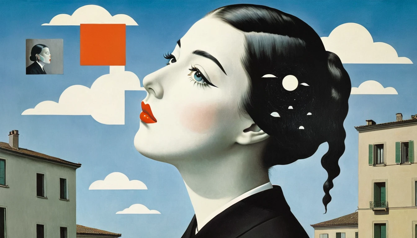 rene magritte,Multi-layer collage,有一张女人脸的拼贴paintingpainting,There are many different things on the face,Geometric Dislocation,拼贴painting,Artistic sense,,painting,simple,