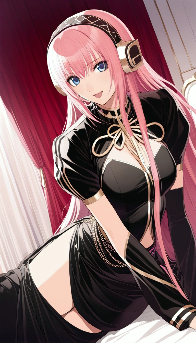 masterpiece,Detailed and beautiful depiction 1.1,Official Art,Beautiful adult woman ,Megurine Luka,Megurine Lukaの公式衣装,headphone,Black costume with gold decoration,Pink long hair,blue eyes,smile,Open your mouth,Mr.々A seductive pose,sit,Bedroom