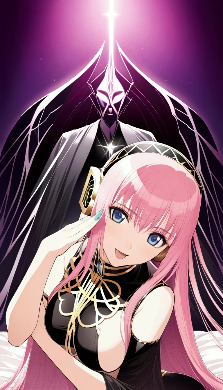 masterpiece,Beautiful adult woman ,Megurine Luka,E cup breasts,Pink long hair,blue eyes,Megurine Luka's official costume,Black costume,Gold decoration,smile,front,Bedroom,