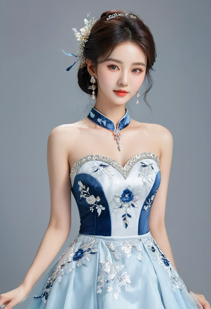 Realistic photo style, whole body 사진에 아름다운 아시아 소녀가 등장합니다., Wearing a unique ethnic style evening gown with delicate skin., bright and lively eyes, Thick eyelashes that look especially attractive. Long dresses are slim and elegant., Eye-catching silver jewelry and alcohol. The high-collar design adds an elegant atmosphere., Color of blue and white porcelain. using light and shadow, The vivid and harmonious appearance of the protagonist is highlighted... whole body, (masterpiece, best quality, professional, perfect composition, very aesthetic, absurd, very detailed, intricate details:1.3)