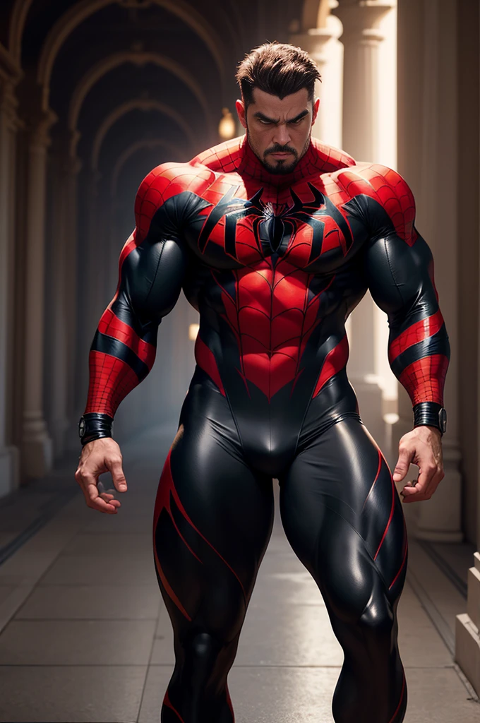 8k realistic image of handsome guy, Strongman, 25 years, Brown long hair, Brown eyes, Wearing a spiderman venom black suit tight and shiny, He has a black bandage on his arm, annoyed expression, Walking in the wide corridors of the palace, anime style art,big biceps,muscular body