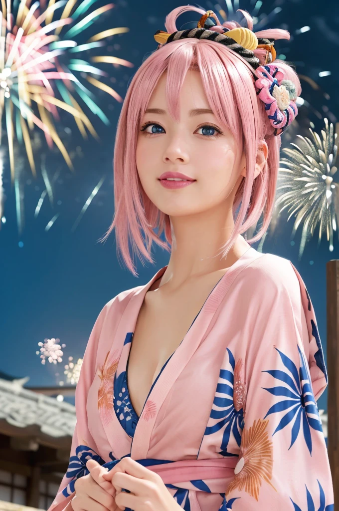 Tabletop、Realistic、Highest quality、Highest quality、masterpiece、Ultra-high resolution、RAW Photos、Realistic、Bright lighting、Face Light、Smooth Professional Lighting、Highest quality、masterpiece、Ultra-high resolution、(Photorealistic:1.4)、RAW Photos、Detailed CG image quality, (Fireworks display:1.4)、Beautiful poop、One Girl、Japanese、Age 25、(blue eyes:1.2)、Pink lipstick、Laughter、(Pink hair:1.4)、Sunburned skin、(hair ornaments:1.4), (Short length yukata:1.4)、Cleavage、Detailed portrait、8K quality、Concept Art、A dramatic, cinematic atmosphere、Sharp focus、Blurred foreground、Blurred Background:1.3、(Angle from directly below:1.4)、soft smile,