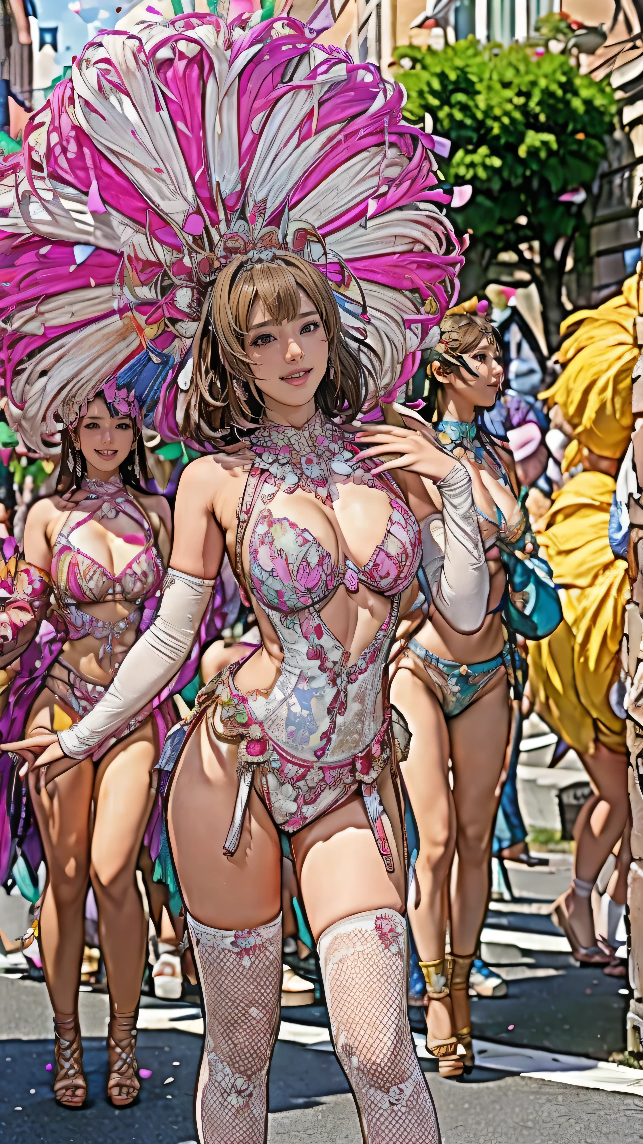 Highest quality, Official Art, masterpiece, Fabric Shading, High resolution, Very detailed, colorful, Best details, Fantasy, random colorのハイレグサンバマイクロコスチューム:1.5, Yuki Mori:1.5, 1 female, Age 25, Brown Hair, short hair:1.7, Twin tails,Wind-blown bangs, Puffy nipples, {{{{{Dancing vigorously in the parade:1.9}}}}}, A castle town with an old castle view, sunny, Large Breasts, skinny, Surrounded by a bunch of male photographers:1.9, She is being photographed by many male photographers.:1.7,Confetti falling, Blessed, welcome:1.5, Camel Toe:1.7, Ground level shot,