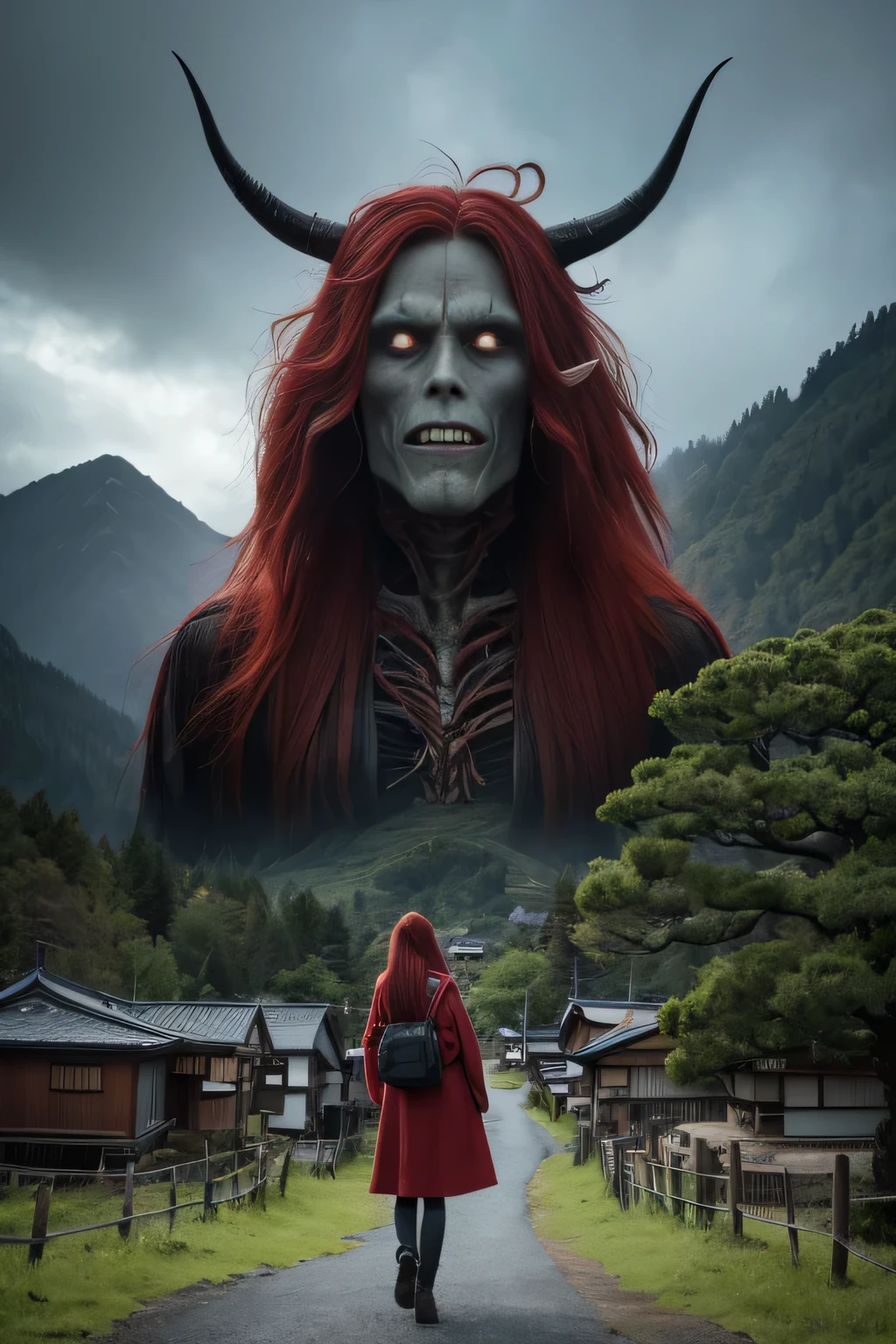 A surreal scene featuring a towering, grotesque creature with long, tangled red hair and horns, standing in a rural Japanese landscape. The creature has an unsettling, monstrous face and long, root-like legs. It looms over traditional Japanese houses, with mountains and trees in the background. The sky is cloudy, adding to the eerie and otherworldly atmosphere of the scene.