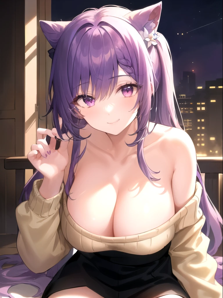 Keqing, solo, night time, moonlight, bedroom setting, (Anime illustration), ((detailed shadows)), (detailed lighting), (detailed buildings), detailed eyes. (dramatic chiaroscuro), ((Masterpiece)), ((perfect detailed hands)), ((intricate detail)), (flowing hair), purple hair, long hair, curly hair, ((detailed hair)), (((smooth skin))), HD wallpaper, UHD image, (oversized_off_shoulder white sweater:1.2, (detailed sweater), (bare shoulder), (cleavage), (black pleaded skirt:1.2), smiling, perfect fingers, (bare legs:1.2), (hand behind hair:1.2), realistic fingers, detailed fingers, well-defined fingers, natural fingers, proportional fingers, accurate fingers, clear knuckles, defined knuckles, visible knuckles, clear nails, defined nails