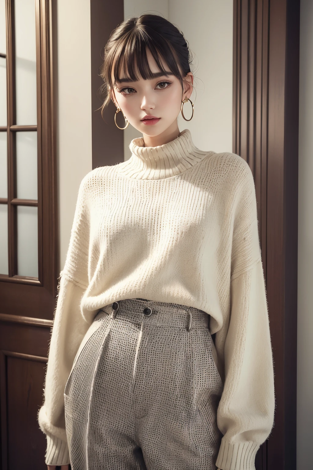 ((best qualityer)), ((work of art)), (detailded), 1 girl, ombro to ombro sweater, standing alone, 1 girl, luminous skin, hoop earings, glamourous, whimsical details, styled hair, mesmerizing,Wolf cut cut in layers, long pants, Shallow depth of field, pretty
