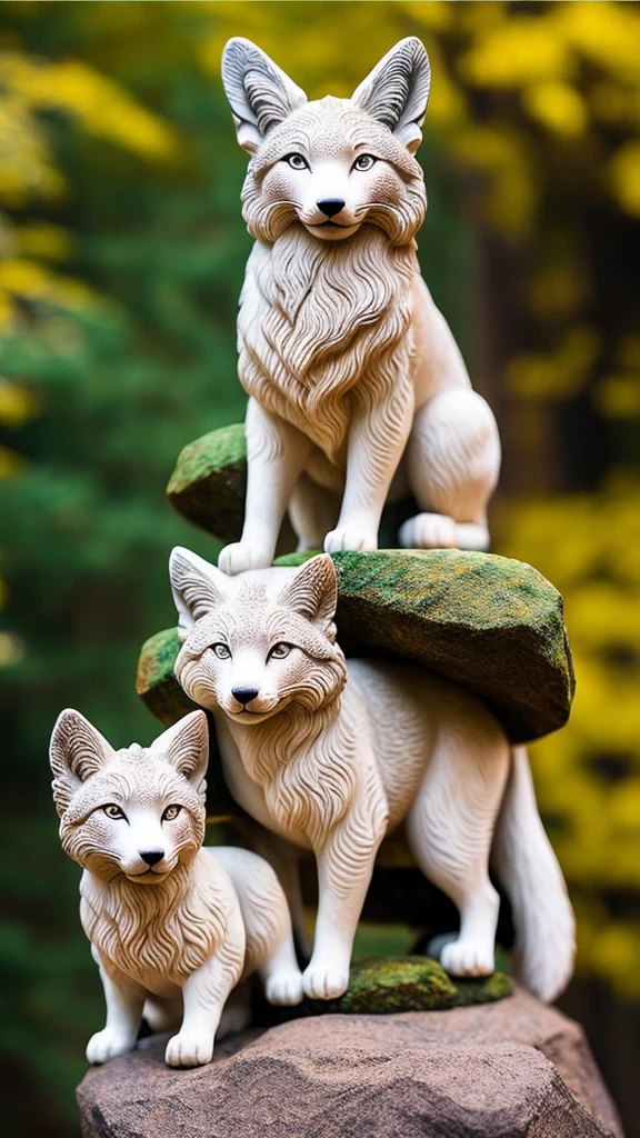 high quality、Traditional Asian architecture in the background、Pointed Ears、god々Shii、Impressive、Textured fur pattern、looking at the camera、Moving stone statues of animals、Real、Have a keen eye、Create an exquisitely detailed stone fox sculpture with life-like features。