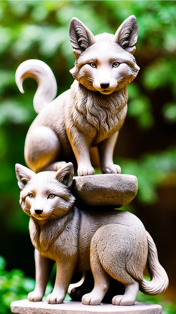 high quality、Traditional Asian architecture in the background、Pointed Ears、god々Shii、Impressive、Textured fur pattern、looking at the camera、Moving stone statues of animals、Real、Have a keen eye、Create an exquisitely detailed stone fox sculpture with life-like features。