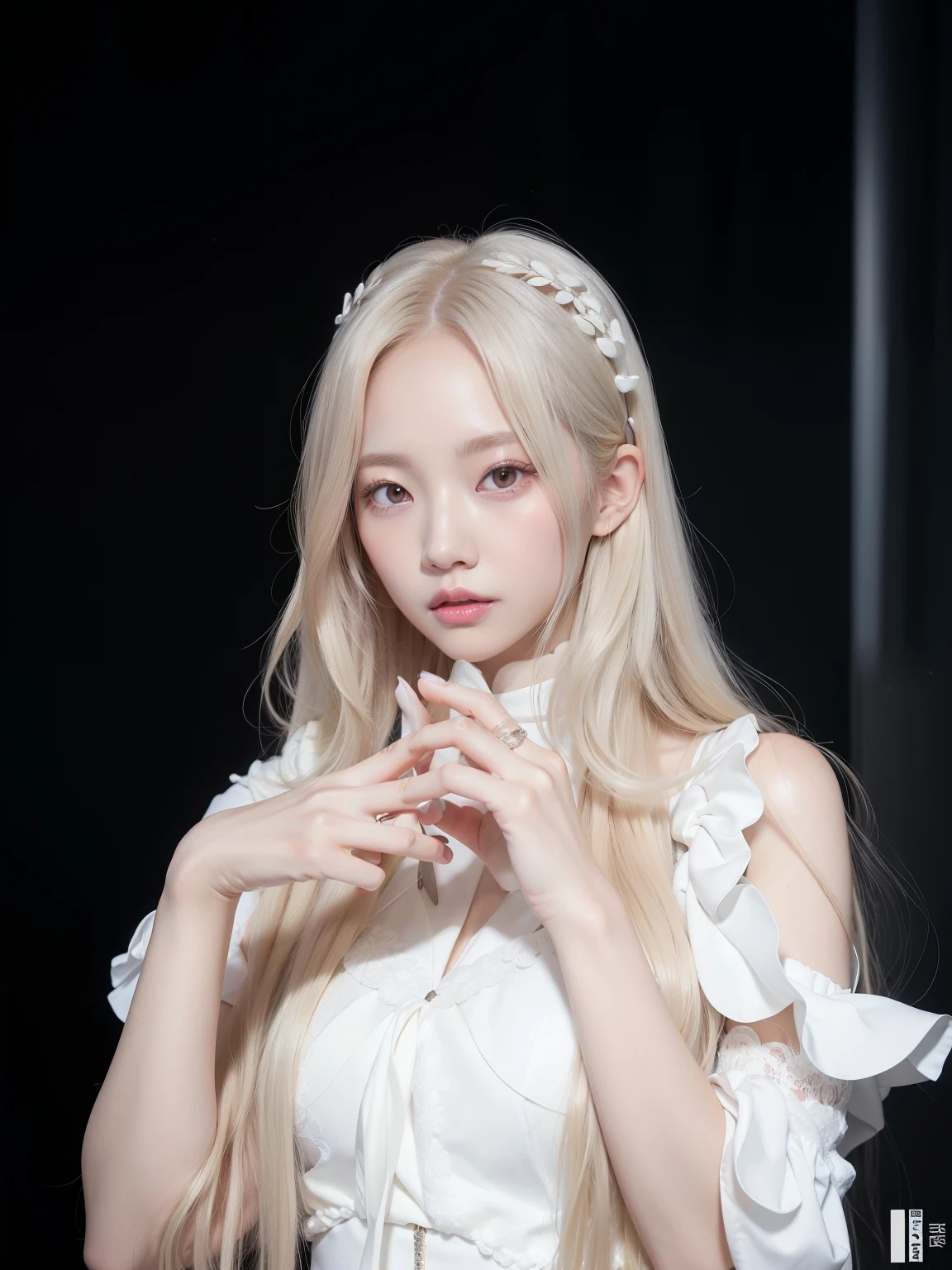Blonde woman with long hair wearing a white dress taking a photo., Doyoung Kim, Jinyoung Shin, Portrait of Blackpink Josh, Jaeyeon Nam, Seon Yun-ju, Taejin Kim, pale, glowing skin, Best Face, with long white hair, pale porcelain white skin, with long white hair, pale and light skin!!, Blackpink&#39;s Roseanne Park