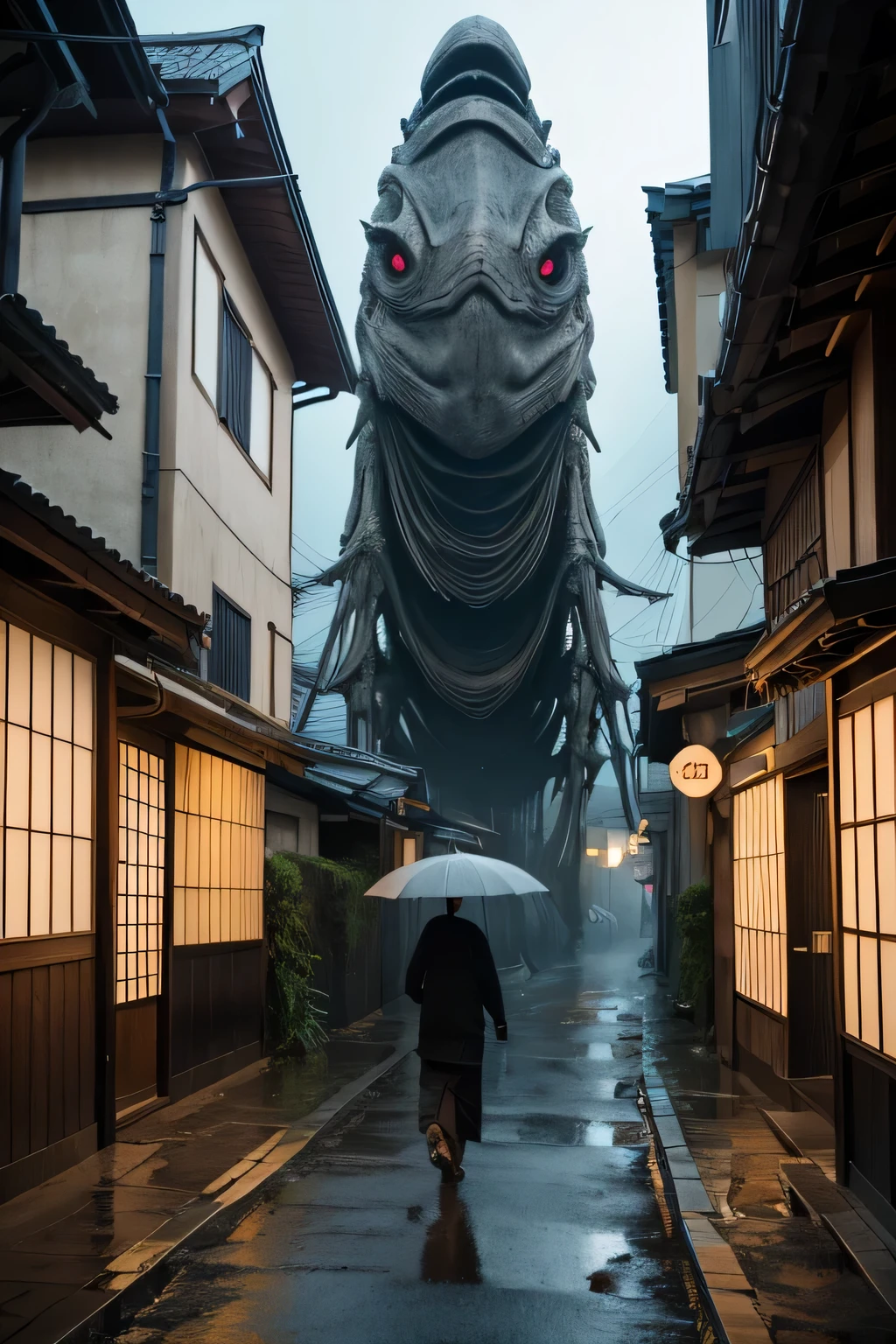 A surreal scene featuring a massive, alien-like creature with an elongated, skeletal body and multiple limbs, walking through a narrow street in a rural Japanese village. The creature's pale, grotesque form contrasts with the traditional wooden houses lining the street. The overcast sky and muted colors of the environment create a chilling and dystopian atmosphere, emphasizing the otherworldly presence of the creature.