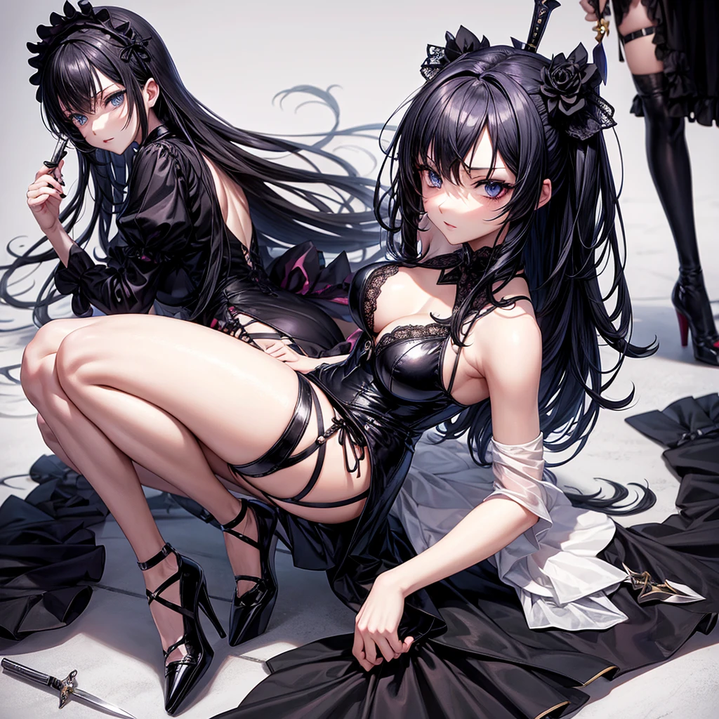 (depcit 2 little young girl), (((elegant black lace leotard))), (((transparent))), dark hair, long hair, straight hair, blue eyes, thin , small breasts, nice hips, open shoulders, kneeling, pussy