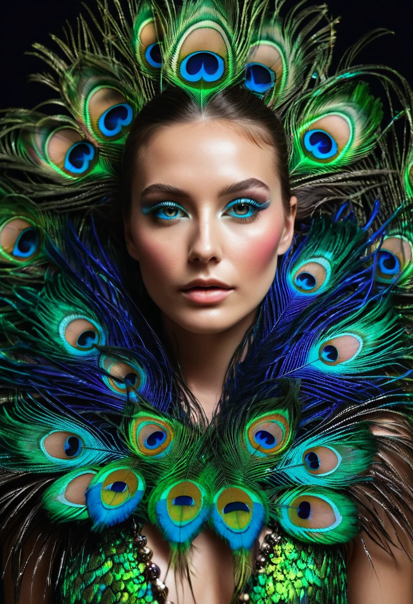 ultra clear raw photo of woman covered in neon peacock feathers, close up,