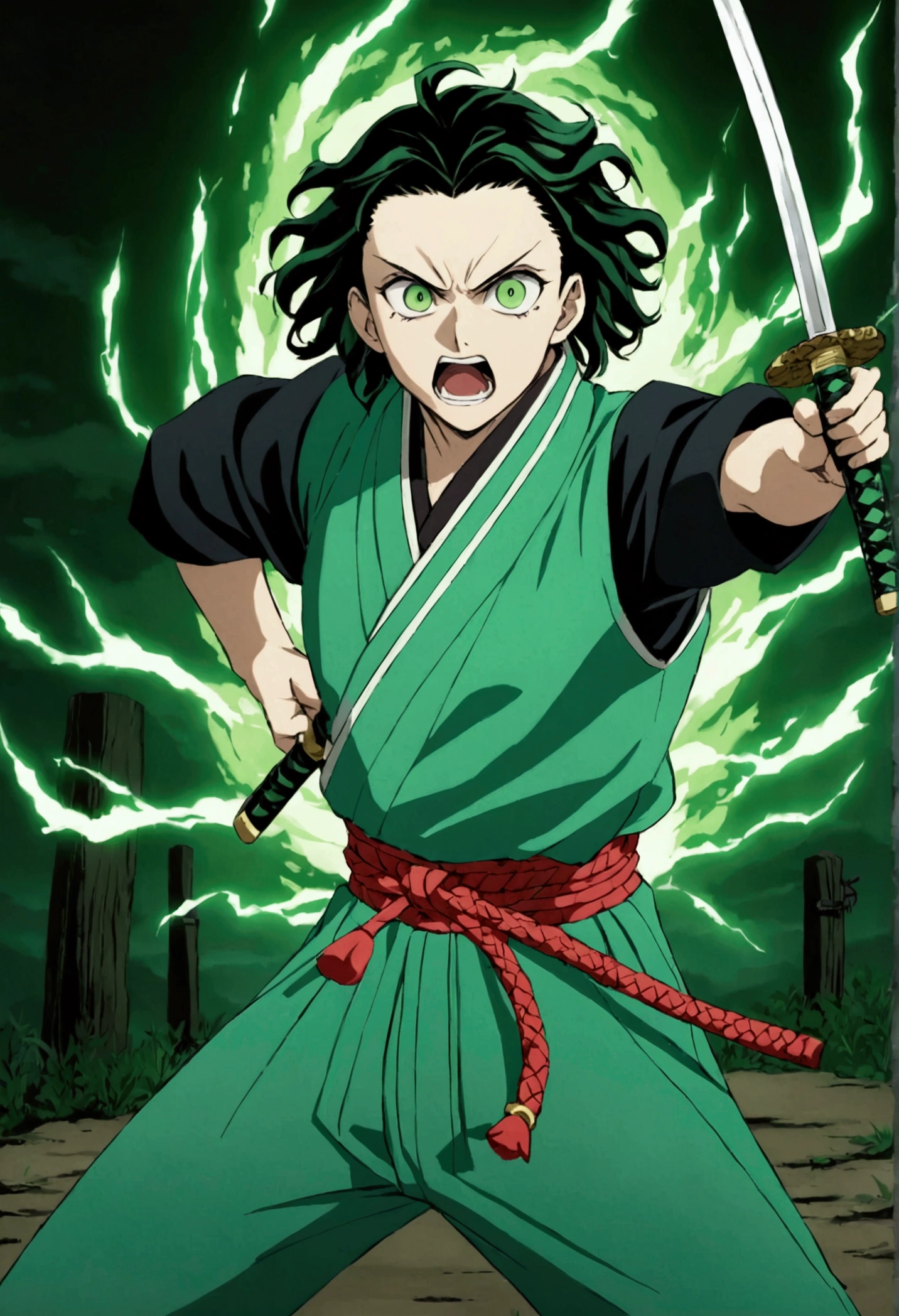 One guy, Kimetsu no Yaiba, katana, toxic breathing style, green clothes, green eyes, sword slash, green sword aura, night backround, fixed arms, detailed arms, detailed katana, human version, toxic aura swing, clip, anime scene, movement capture, mascular body, fighting scene, mad face, green aura 