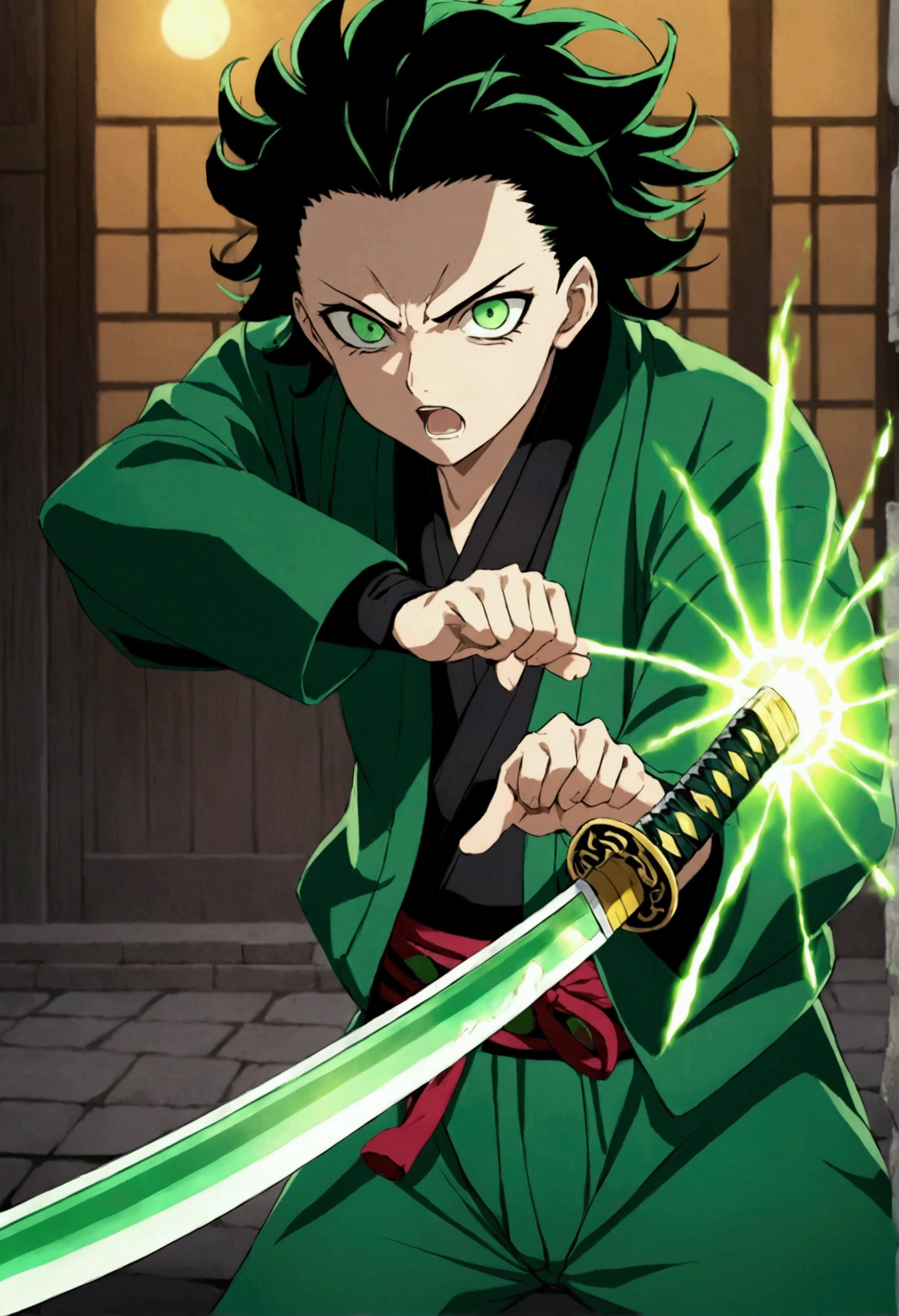 One guy, Kimetsu no Yaiba, katana, toxic breathing style, green clothes, green eyes, sword slash, green sword aura, night backround, fixed arms, detailed arms, detailed katana, human version, toxic aura swing, clip, anime scene, movement capture, mascular body, fighting scene, mad face, green aura 