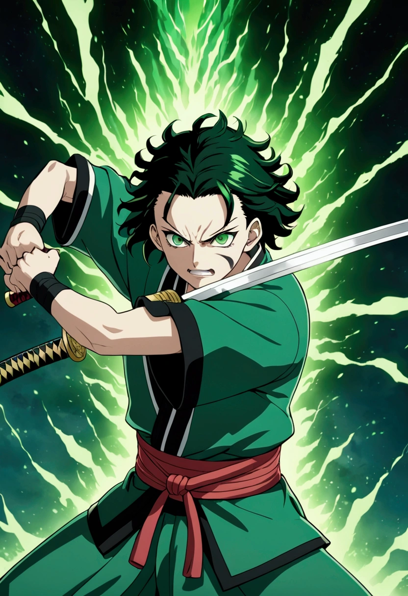 One guy, Kimetsu no Yaiba, katana, toxic breathing style, green clothes, green eyes, sword slash, green sword aura, night backround, fixed arms, detailed arms, detailed katana, human version, toxic aura swing, clip, anime scene, movement capture, mascular body, fighting scene, mad face, green aura