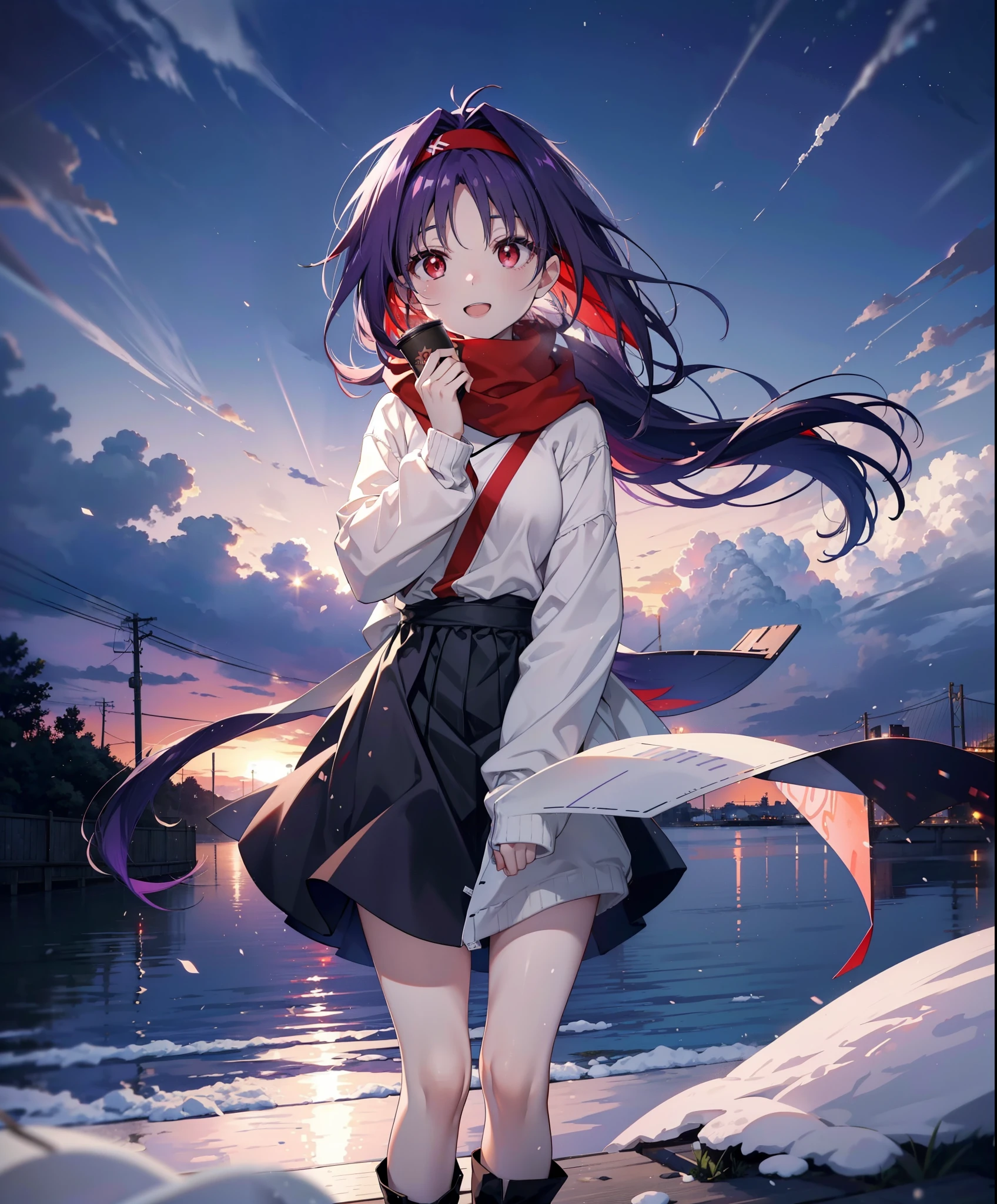 yuukikonno, Konno Yuuki, Long Hair, Pointed Ears, Purple Hair, (Red eyes:1.5), (Small breasts:1.2), Open your mouth,happy smile, smile, Open your mouth,hair band,low twin tail,Red Scarf,Oversized purple hoodie,Long skirt,Black pantyhose,short boots,Holding a paper cup of coffee in both hands,Walking,snowが降っている,snowが降り積もっている,snow,snow,snow,snow,snowが積もった木,winter,Cold Sky,night,whole bodyがイラストに入るように,
break looking at viewer, whole body,
break outdoors, garden,
break (masterpiece:1.2), Highest quality, High resolution, unity 8k wallpaper, (figure:0.8), (Beautiful attention to detail:1.6), Highly detailed face, Perfect lighting, Highly detailed CG, (Perfect hands, Perfect Anatomy),