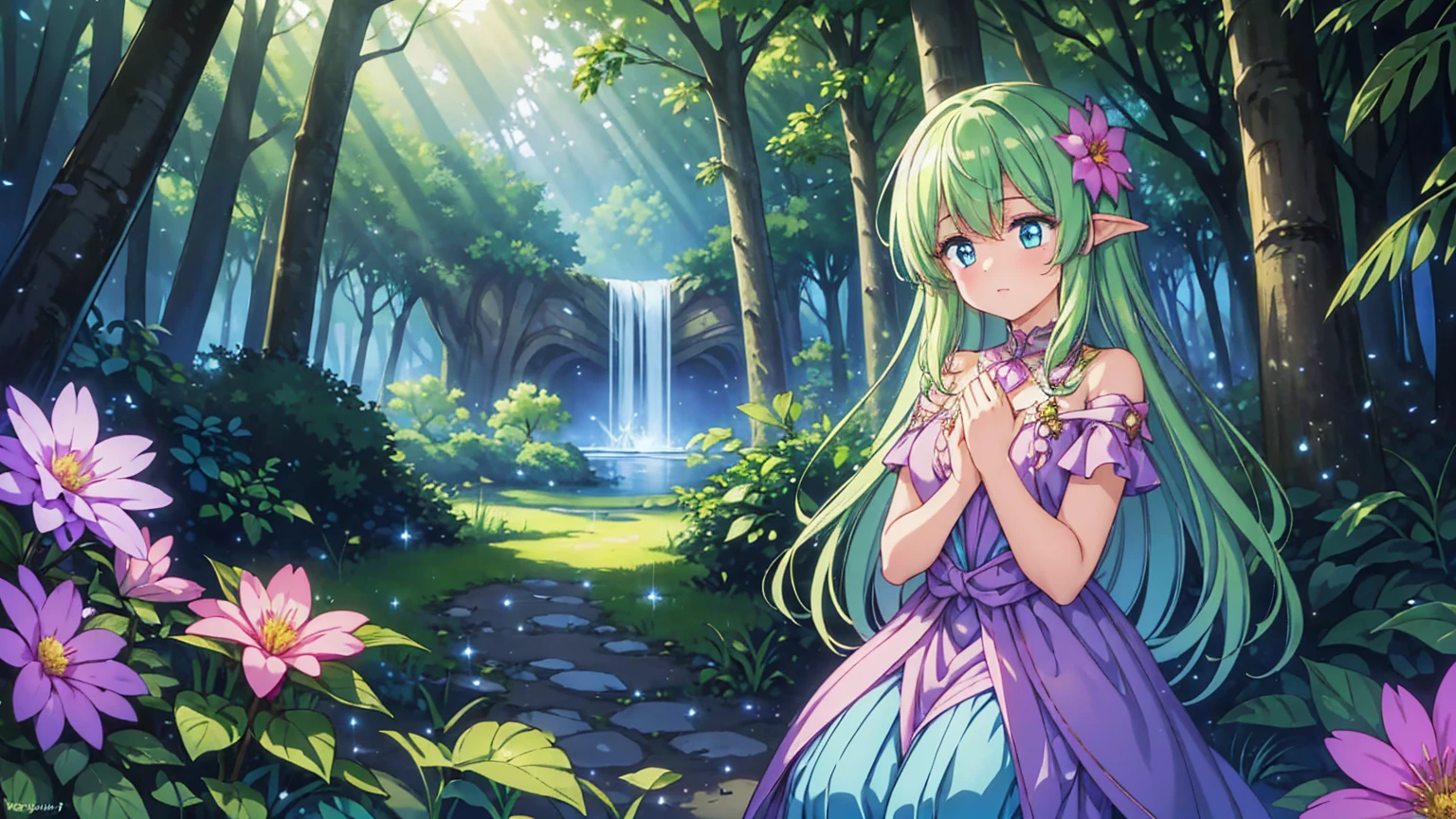 A young fairy girl in a beautiful, mystical forest. She has delicate wings that sparkle with light, and her hair is long and flowing. She wears a dress made of flower petals and leaves, and her expression is curious and joyful. The forest around her is lush with vibrant green foliage, tall ancient trees, and colorful flowers. Soft, magical light filters through the trees, casting a dreamy glow on the scene. The fairy girl is surrounded by a gentle aura of light, enhancing the enchanting atmosphere.