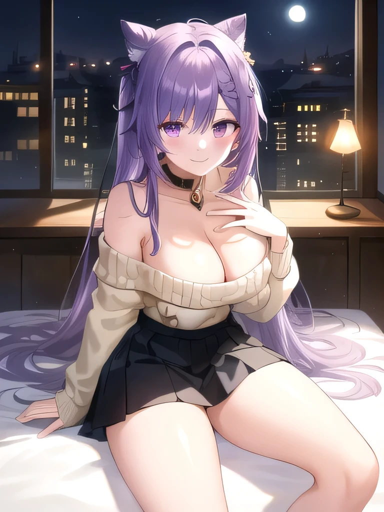 Keqing, solo, night time, moonlight, bedroom setting, (Anime illustration), ((detailed shadows)), (detailed lighting), (detailed buildings), detailed eyes. (dramatic chiaroscuro), ((Masterpiece)), ((perfect detailed hands)), ((intricate detail)), (flowing hair), purple hair, long hair, curly hair, ((detailed hair)), (((smooth skin))), HD wallpaper, UHD image, (oversized_off_shoulder white sweater:1.2, (detailed sweater), (bare shoulder), (cleavage), (black pleaded skirt:1.2), smiling, perfect fingers, (bare legs:1.2), (hand behind hair:1.2)