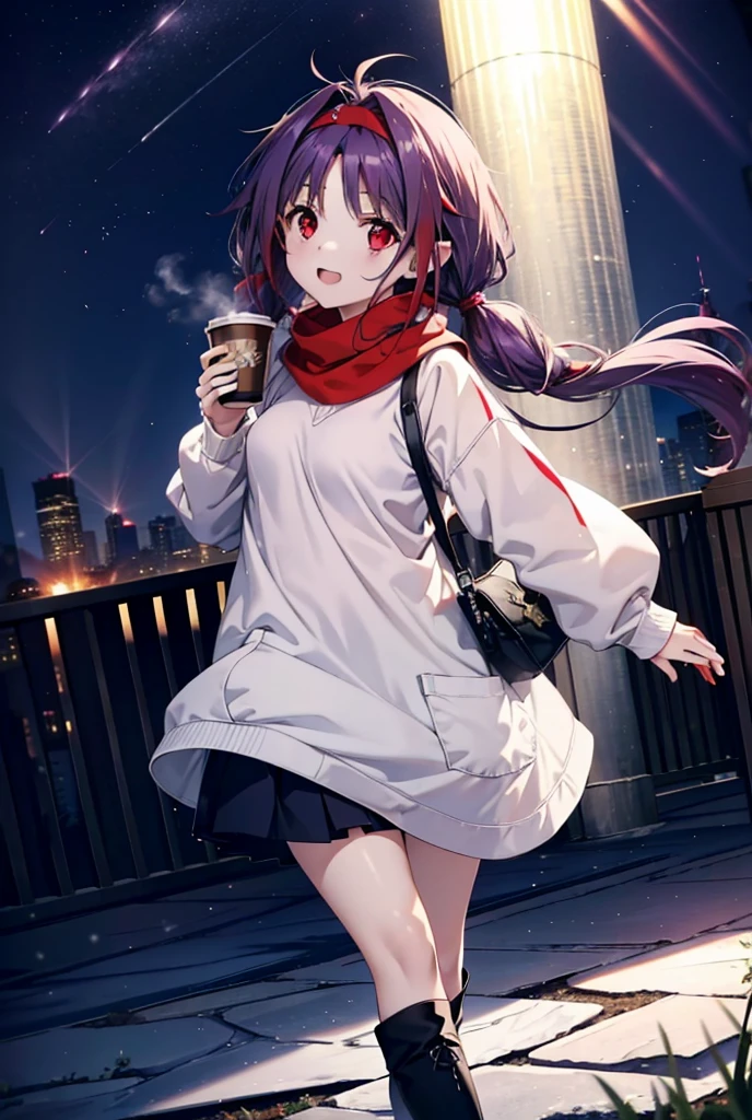 yuukikonno, Konno Yuuki, Long Hair, Pointed Ears, Purple Hair, (Red eyes:1.5), (Small breasts:1.2), Open your mouth,happy smile, smile, Open your mouth,hair band,low twin tail,Red Scarf,Oversized purple hoodie,Long skirt,Black pantyhose,short boots,Holding a paper cup of coffee in both hands,Walking,snowが降っている,snowが降り積もっている,snow,snow,snow,snow,snowが積もった木,winter,Cold Sky,night,whole bodyがイラストに入るように,
break looking at viewer,  whole body,
break outdoors, garden,
break (masterpiece:1.2), Highest quality, High resolution, unity 8k wallpaper, (figure:0.8), (Beautiful attention to detail:1.6), Highly detailed face, Perfect lighting, Highly detailed CG, (Perfect hands, Perfect Anatomy),