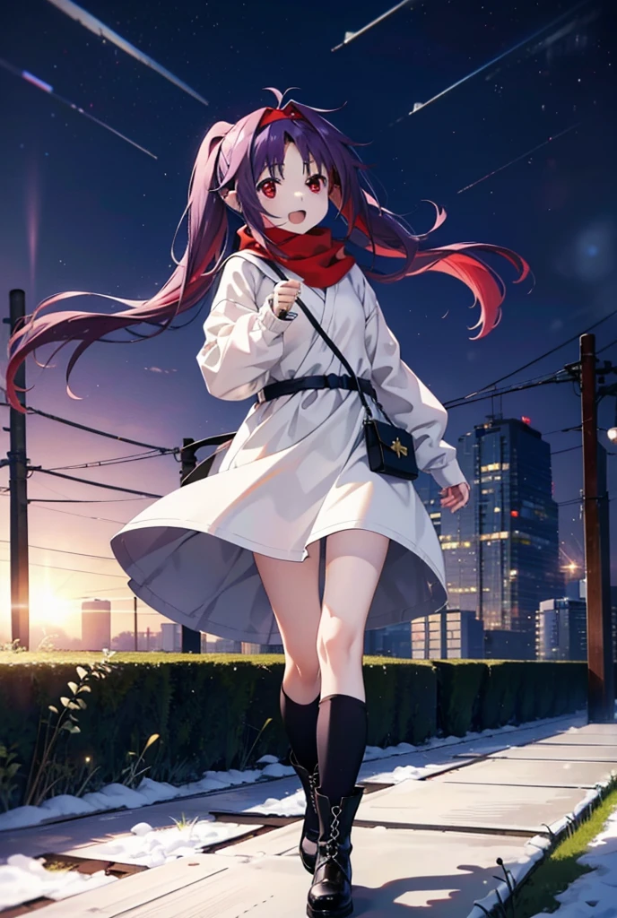 yuukikonno, Konno Yuuki, Long Hair, Pointed Ears, Purple Hair, (Red eyes:1.5), (Small :1.2), Open your mouth,happy smile, smile, Open your mouth,hair band,low twin tail,Red Scarf,Oversized purple hoodie,Long skirt,Black pantyhoort boots,Holding a paper cup of coffee in both hands,Walking,snowが降っている,snowが降り積もっている,snow,snow,snow,snow,snowが積もった木,winter,Cold Sky,night,whole bodyがイラストに入るように,
break looking at viewer, whole body,
break outdoors, garden,
break (masterpiece:1.2), Highest quality, High resolution, unity 8k wallpaper, (figure:0.8), (Beautiful attention to detail:1.6), Highly detailed face, Perfect lighting, Highly detailed CG, (Perfect hands, Perfect Anatomy),