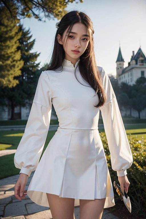 , Lovely, very long hair, White color, completely curly, slim, flat bust, with punches on the face, yellow victorian dress, whole body, in the castle garden, at night, holding a sword in his hand.