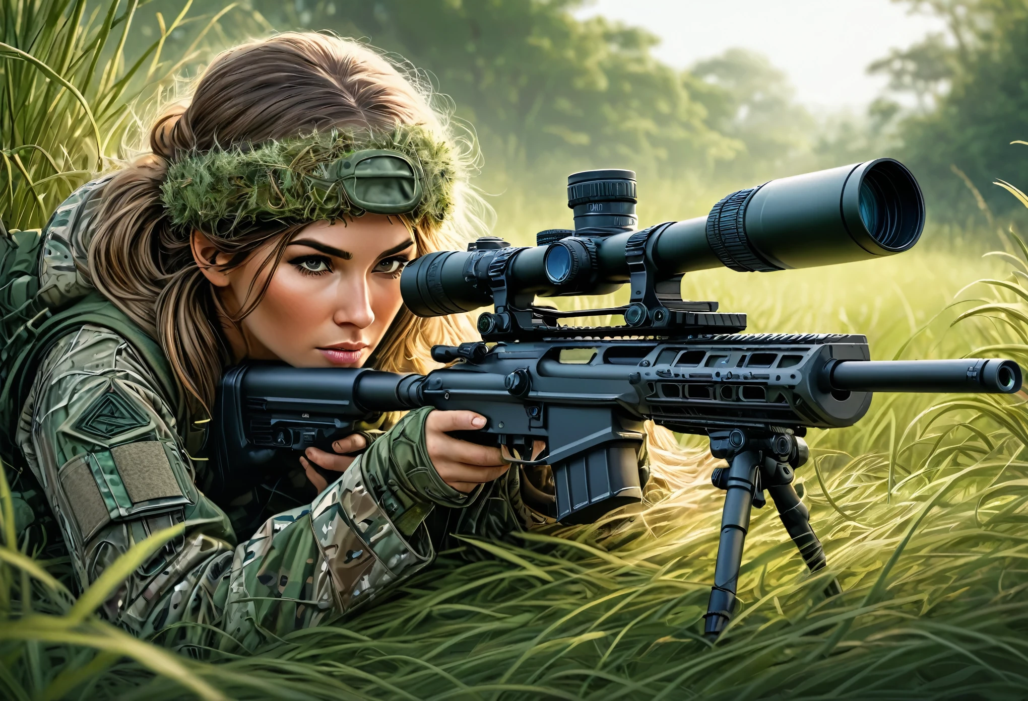 An illustration of a female sniper in a ghillie suit lying face down with a sniper rifle in the grass, peering through the scope; a large sniper rifle that is almost the same height as the sniper; a sniper rifle with an intricate detailed luminescence pattern; an oversized scope; a bipod;, best composition, Masterpiece, Best Quality, high Detailes, intricate details, intricate detail texture,

