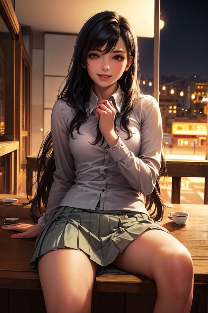 (8k, Highest quality, masterpiece:1.2), (software:1.3), (Realistic, photo-Realistic:1.37), Very detailed, 1 girl,cute, alone,Beautifully detailed skies,Detailed Cafe,night,Sitting,Date,(Red nose),(smile:1.1), Medium chest,Beautiful attention to detail,(Collared shirt:1.1), ,Pleated skirt,(Semi-long hair:1.2),Floating Hair、Cowboy Shot