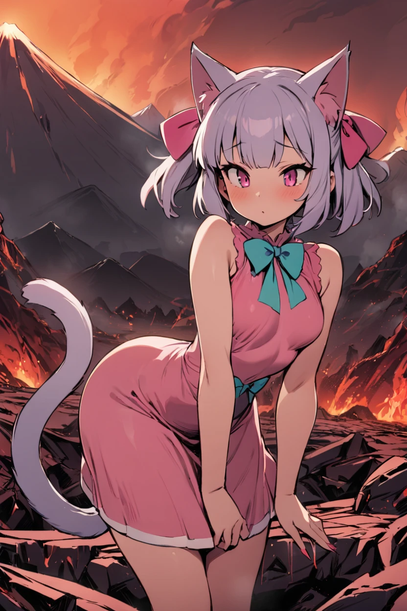 (masterpiece, best quality:1.2), 1girl, solo, cowboy shot, moneko, pink dress, cyan bow, cat tail, bow down, bow, lean forward, hellish place, hell, volcano, heat, warm