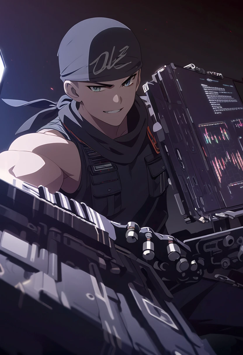 ((Work of art, extremely detailed, looking at screen, dark lighting)), 1 man, 20 years old, buzzcut hair, wearing black bandana, bandana details, smiling, serious look, in fighting pose, extremely strong body , wearing an open black sleeveless jacket, wide black pants, black background backdrop.