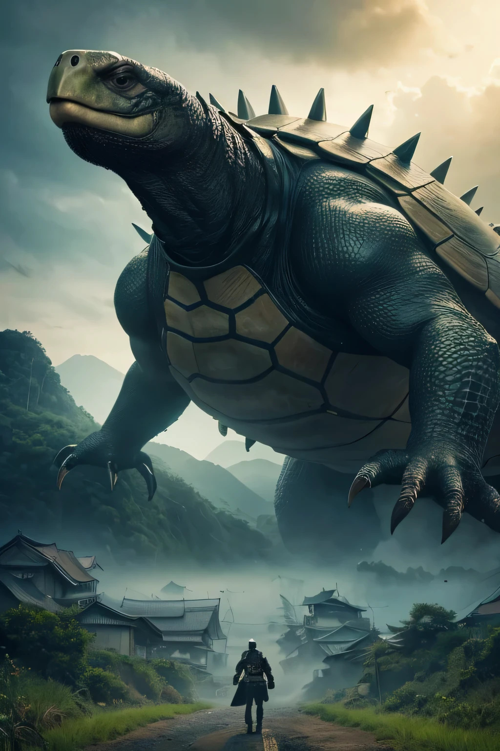 A surreal scene featuring a colossal, turtle-like creature with a heavily armored shell and menacing spikes, moving through a rural Japanese village. The creature's massive form dwarfs the traditional houses and rice fields below. The background includes mist-covered mountains and dense forests, adding to the mysterious and fantastical atmosphere of the scene. The overcast sky and muted colors enhance the otherworldly and ominous presence of the giant creature.