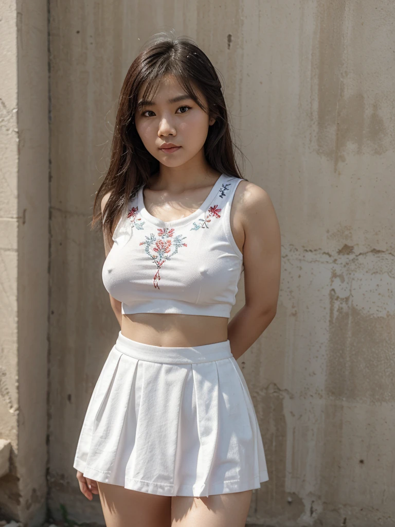 A 20-year-old Hmong woman with beautiful white skin, small lips, big, round breasts, not wearing a shirt, wearing a short white skirt with Hmong embroidery, wearing bracelets.