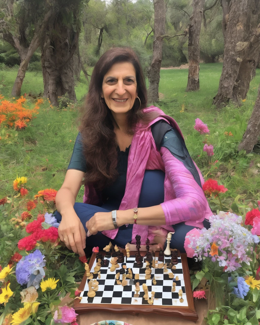 "Sonia Khiel, the teacher who enchanted her students with her passion for physical education and chess, celebrated her birthday in a wonderful natural setting, surrounded by flowers, trees and creatures of nature, symbolizing the beauty and vitality of life."