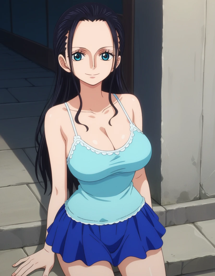 score_9, score_8_up, score_7_up, best quality, masterpiece, source_anime, anime screencap, one_piece_wano_style, clear face, 1girl, solo, Nico Robin, black hair, long hair, blue eyes, large breasts, navy blue clothes, camisole, one-piece dress, mini skirt, clevage, outdoor, smile, dynamic angle, looking at viewer, upper body 