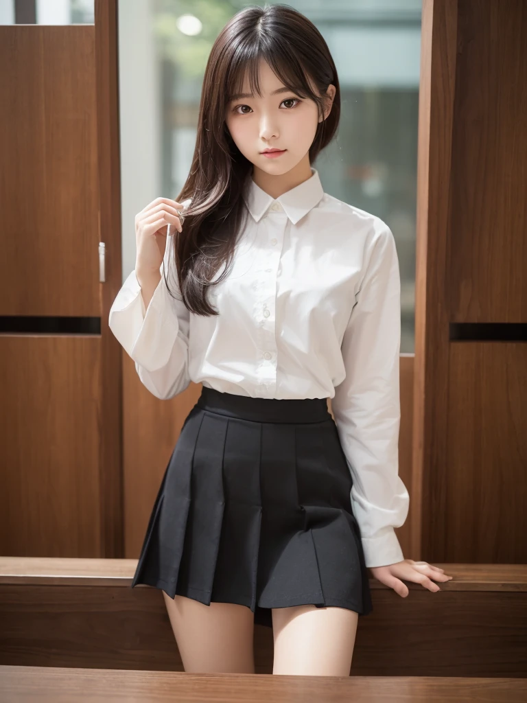 (Tabletop,high quality:1.3),(Depth of written boundary:1.3) ,((Front body:1.35)), Japanese , OL,((21 years old)),Standard height, KK-60, White shirt, Black skirt above the knee,(View your viewers:1.3),(whole body:1.2),No background