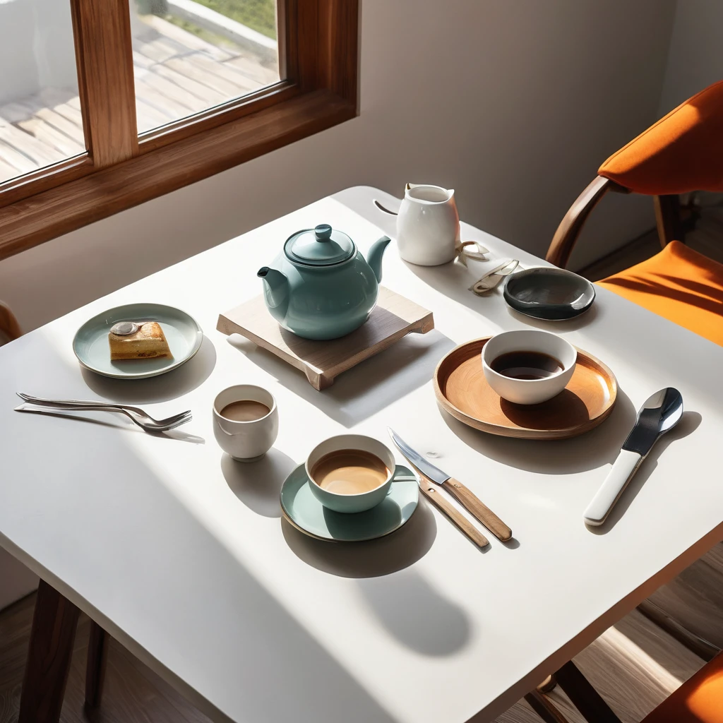 (a)table,coffee cup,teapot,cutlery,plates,video game controller,room,modern house,(best quality:1.2),ultra-detailed,realistic,white clay,aluminum spoons,indoor lighting,wooden table,morning sunlight,coffee aroma,cozy atmosphere,vivid colors,comfortable chair,relaxing environment,stylish design,modern aesthetic,minimalist decor,large windows,spacious room,warm color palette,smooth surface,detailed patterns,quality craftsmanship,peaceful ambiance