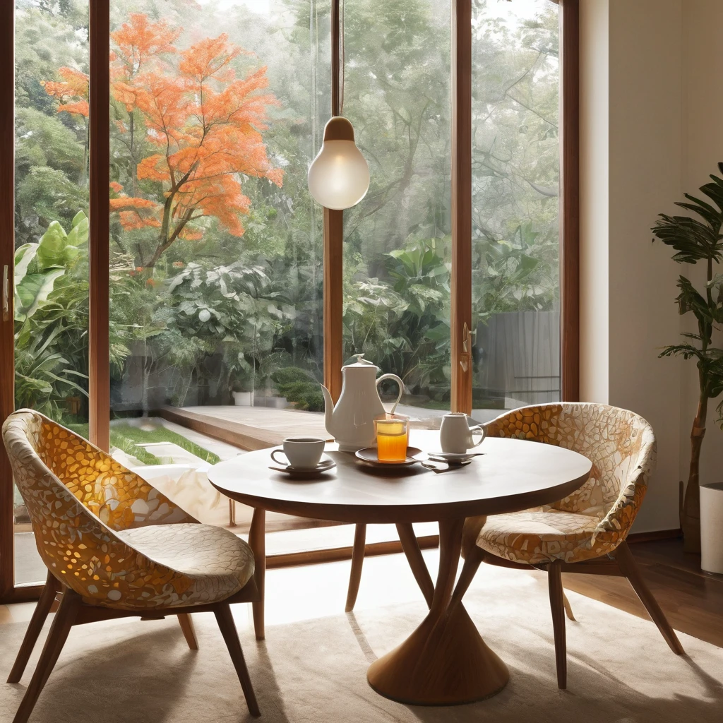 (a)table,coffee cup,teapot,cutlery,plates,video game controller,room,modern house,(best quality:1.2),ultra-detailed,realistic,white clay,aluminum spoons,indoor lighting,wooden table,morning sunlight,coffee aroma,cozy atmosphere,vivid colors,comfortable chair,relaxing environment,stylish design,modern aesthetic,minimalist decor,large windows,spacious room,warm color palette,smooth surface,detailed patterns,quality craftsmanship,peaceful ambiance