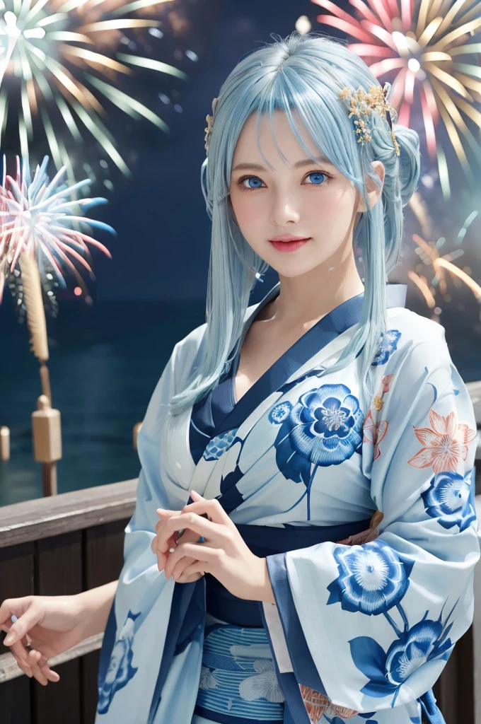 (1 Sexy Woman, Solo, Medium Hair, Blue Hair, White Floral Pattern Yukata :1.4), (Thigh, Detailed Eyes, Beautiful Legs, Beautiful Eyes, glossy lip, large breasts, cleavage, Smile:1.2), (From Below, Cowboy Shot:1.2), Close-up, (Summer, Japanese Fastival, lantern, fireworks in night sky, night sky, big fireworks, blurred background:1.3), ((anatomically correct)), (Futuristic Portrait), The beginning of a romantic love, 1 girl only, (Most emphasize the body line:1.1), Night, Shining ultra high resolution beautiful skin, ultra high resolution glossy lips, Rim Lighting, Cinematic Light, Look at viewer, no futuro telhado de luz neon, SSCI - FI e Fantasia, intrincado e muito bonito e elegante, altamente detalhado, pintura digital, art-station, arte conceitual, smooth and sharp focus, illustration, Arte de Tan Zi e Ayanamikodon e Alphonse Mucha e Wlop