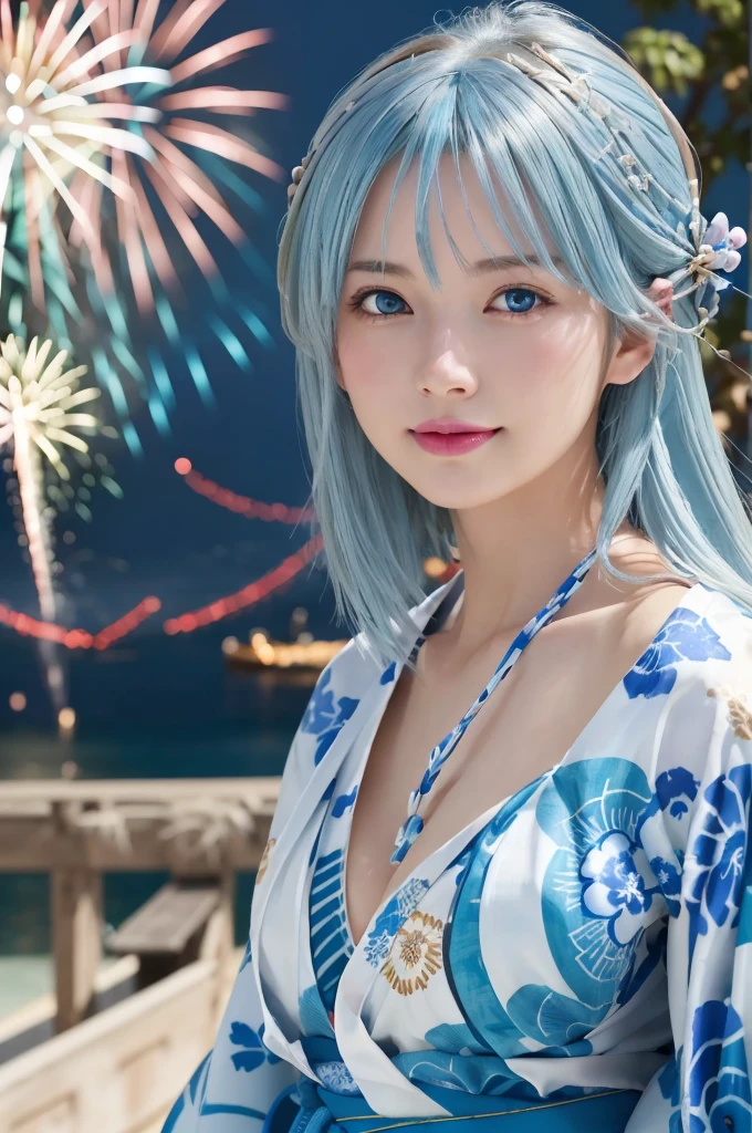 Tabletop、Realistic、Highest quality、Highest quality、masterpiece、Ultra-high resolution、RAW Photos、Realistic、Bright lighting、Face Light、Smooth Professional Lighting、Highest quality、masterpiece、Ultra-high resolution、(Photorealistic:1.4)、RAW Photos、Detailed CG image quality, (Fireworks display:1.4)、Beautiful poop、One Girl、Japanese、Age 25、(blue eyes:1.2)、Pink lipstick、Laughter、(Light blue hair:1.4)、Sunburned skin、(hair ornaments:1.4), (Short length yukata:1.4)、Cleavage、Detailed portrait、8K quality、Concept Art、A dramatic, cinematic atmosphere、Sharp focus、Blurred foreground、Blurred Background:1.3、(Angle from directly below:1.4)、soft smile,