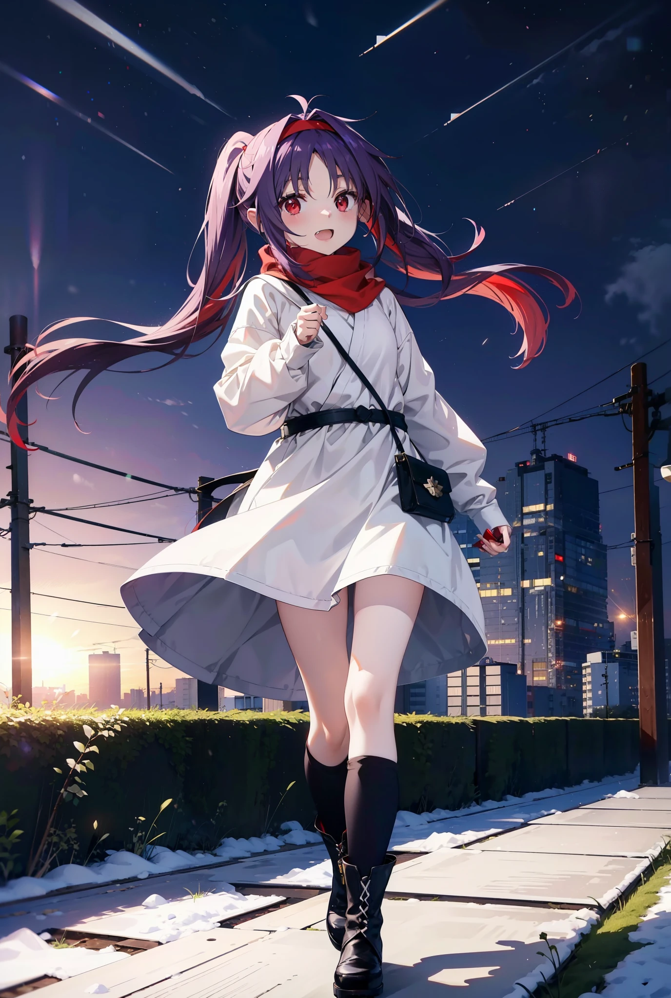 yuukikonno, Konno Yuuki, Long Hair, Pointed Ears, Purple Hair, (Red eyes:1.5), (Small breasts:1.2), Open your mouth,happy smile, smile, Open your mouth,hair band,low twin tail,Red Scarf,Oversized purple hoodie,Long skirt,Black pantyhose,short boots,Holding a paper cup of coffee in both hands,Walking,snowが降っている,snowが降り積もっている,snow,snow,snow,snow,snowが積もった木,winter,Cold Sky,night,whole bodyがイラストに入るように,
break looking at viewer,  whole body,
break outdoors, garden,
break (masterpiece:1.2), Highest quality, High resolution, unity 8k wallpaper, (figure:0.8), (Beautiful attention to detail:1.6), Highly detailed face, Perfect lighting, Highly detailed CG, (Perfect hands, Perfect Anatomy),