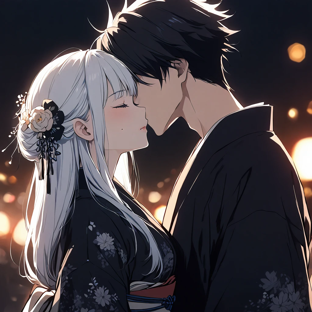 1girl, 1boy, flower, japanese_clothes, hair_ornament, hair_flower, hetero, long_hair, kimono, mole_under_mouth, closed_eyes, black_kimono, couple, kiss, black_hair, white_hair, mole, night, gojou_satoru, spiked_hair, upper_body, short_hair, yukata, from_side