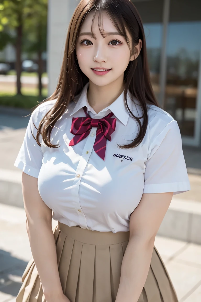 (Best quality,masterpiece,ultra detailed,8K,RAW photo,realistic,high resolution:1.2),(Pretty Japanese girl),(Super huge tits:1.4),(light brown hair),(school uniform,white shirt,pleated skirt:1.4),(muscular:1.6),(shoulder length),(light smile),(huge arms:1.5)