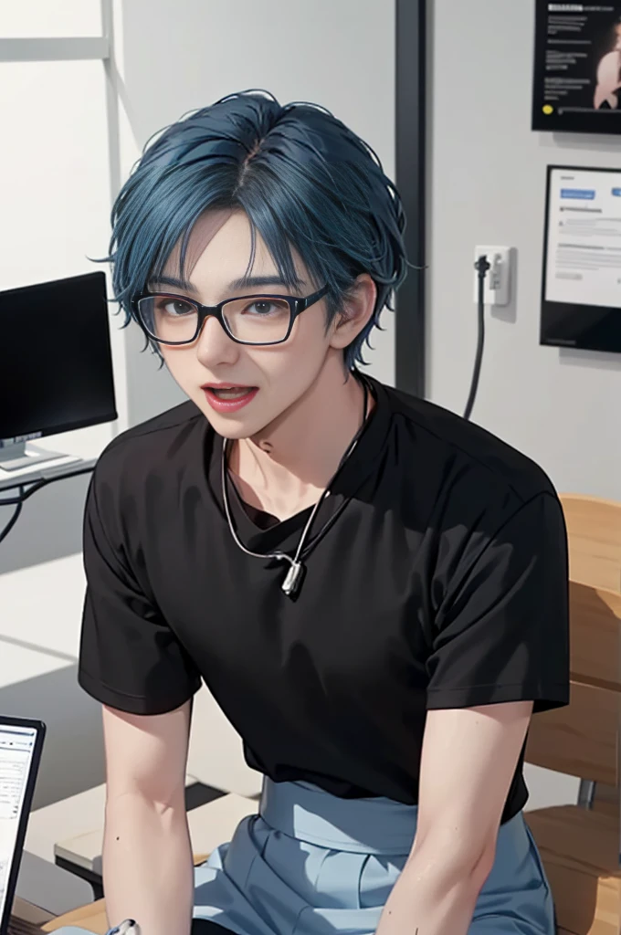 1 boy, age 5-6 years ,Solo, sitting (Looking at the audience), (black shirt:1.5), long skirt ,Stylish clothes Childish man wearing glasses /(blue hair/) Worried face, open mouth (The best quality masterpiece:1.2) , Delicate illustrations, Special details, (hospital examination room) In the building, desk Detailed background