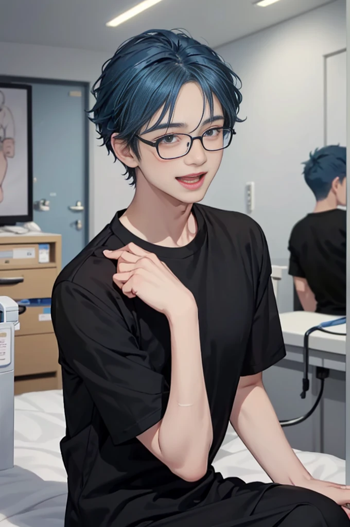 1 boy, age 5-6 years ,Solo, sitting (Looking at the audience), (black shirt:1.5), long skirt ,Stylish clothes Childish man wearing glasses /(blue hair/) Worried face, open mouth (The best quality masterpiece:1.2) , Delicate illustrations, Special details, (hospital examination room) In the building, desk Detailed background, ยิ้ม
