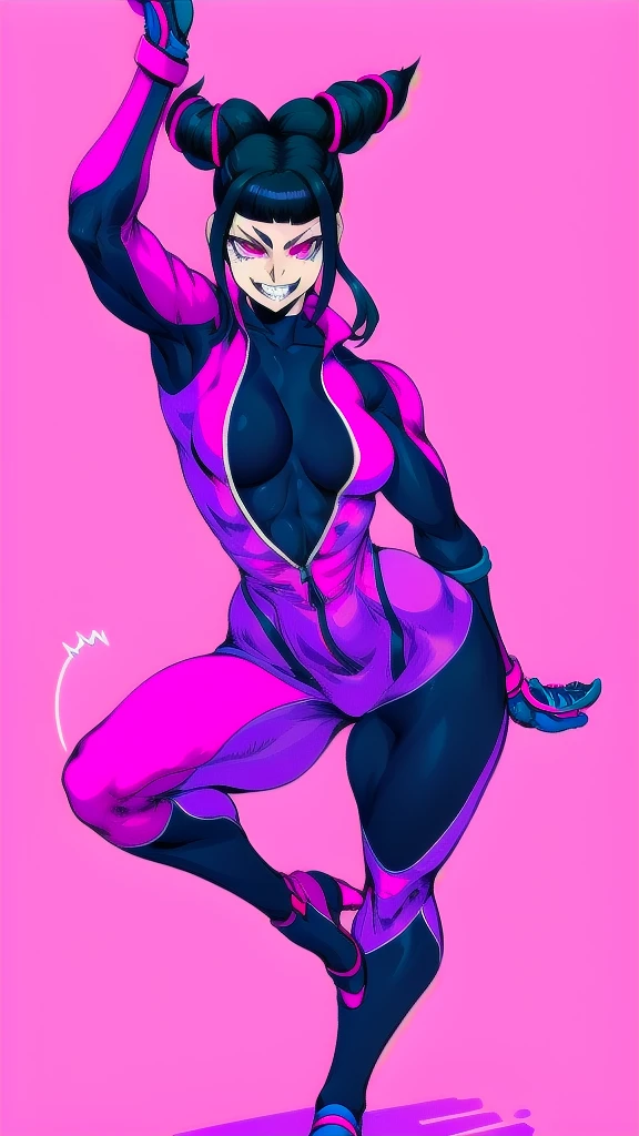 Full body image of Juri Han from Street Fighter 6, wearing her original outfit (purple and black bodysuit with pink accents), short black hair styled in twin buns, female body, athletic and flexible body, dynamic pose showing her martial arts stance, detailed pose, simple background, expressive face showing a mischievous grin, focus on face, line art, sketch
