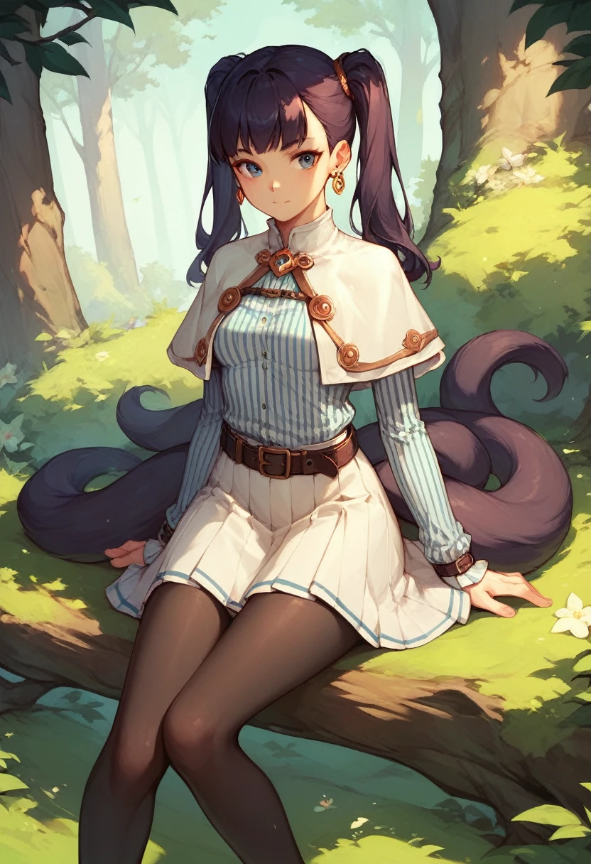 sitting in a tree Freezing, two tails, earrings, congelarbase, two tails, earrings, white capelet, striped shirt, White skirt, long sleeves, belt, black pantyhose, naked