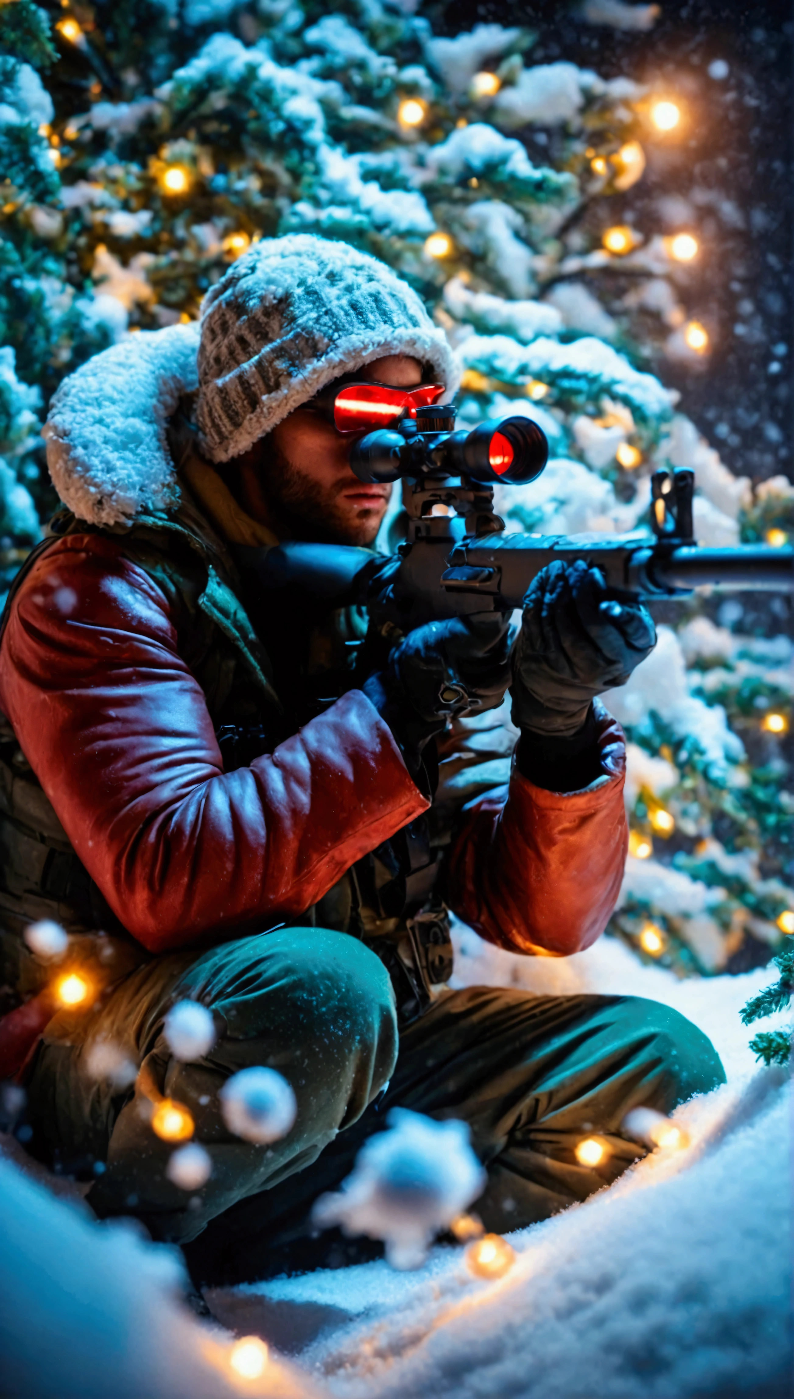 A male sniper made of Christmas tree with LED lights flashing, hiding in the snow, night scene
