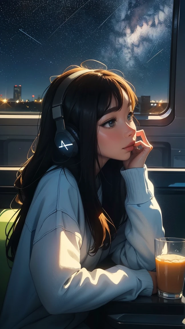 train,  Sit by the window,  Adopt a pensive posture, Stargazing, His head was stuck in the glass, Put on your headphones, Scenery passing by at high speed, Night Travel, Beautiful starry sky, beautiful girl, UHD Portrait, (high quality) (Super detailed) Observation of viewers wearing hip-hop street fashion; different, colorful, Long hair in color 🌈