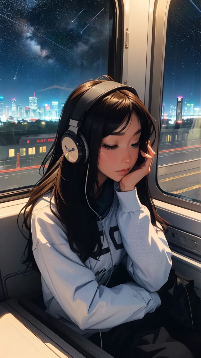 train, Sit by the window, Adopt a pensive posture, Stargazing, His head was stuck in the glass, Put on your headphones, Scenery passing by at high speed, Night Travel, Beautiful starry sky, beautiful girl, UHD Portrait, (high quality) (Super detailed) Observation of viewers wearing hip-hop street fashion; different, colorful, Long hair in color 🌈