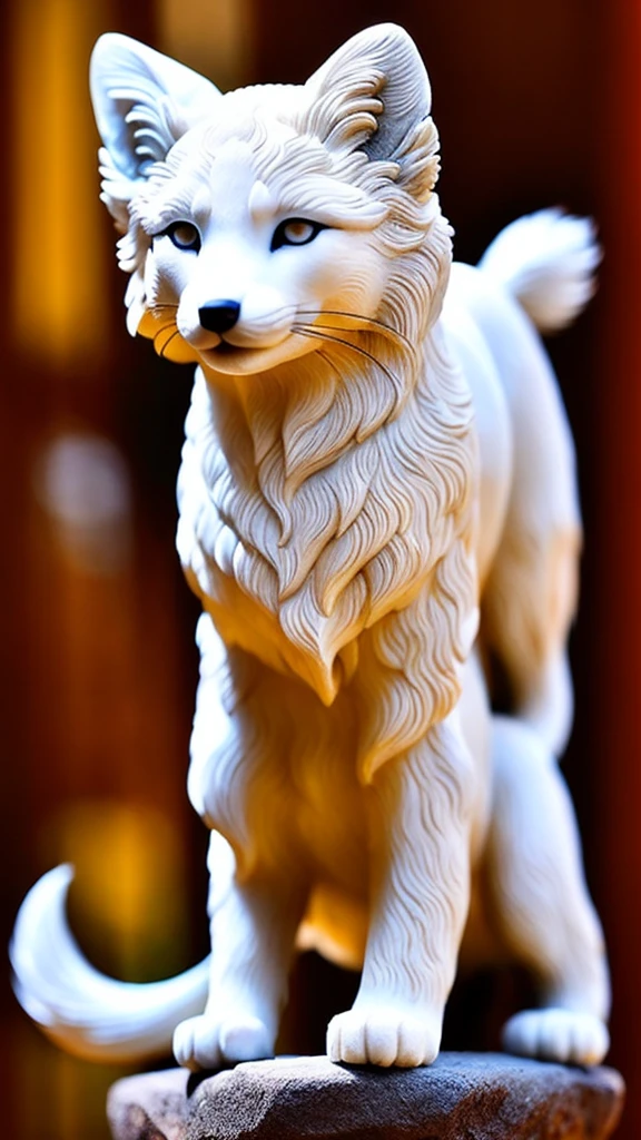 high quality、Traditional Asian architecture in the background、Pointed Ears、god々Shii、Impressive、Textured fur pattern、looking at the camera、Real、Have a keen eye、Create an exquisitely detailed stone fox sculpture with life-like features。