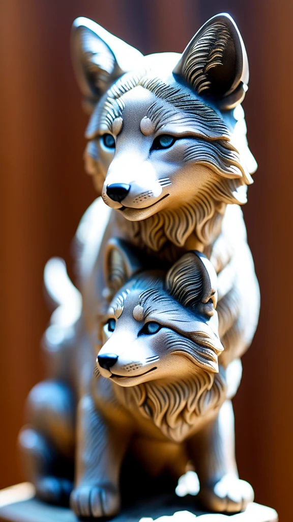 high quality、Traditional Asian architecture in the background、Pointed Ears、god々Shii、Impressive、Textured fur pattern、looking at the camera、Real、Have a keen eye、Create an exquisitely detailed stone fox sculpture with life-like features。